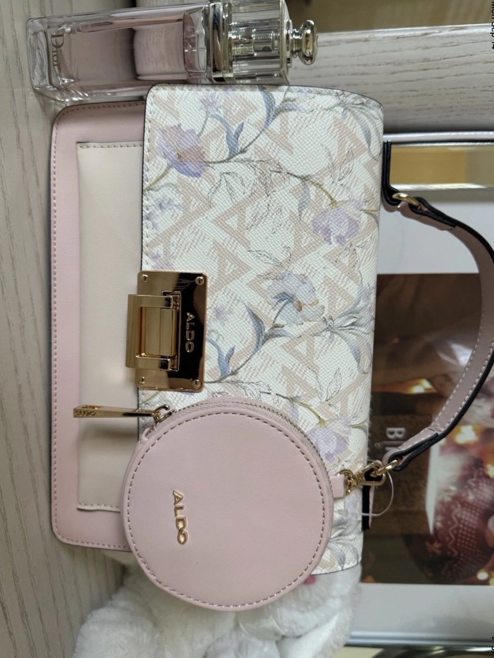 Aldo Blush Pink Floral Shoulder Bag with Coin Pouch